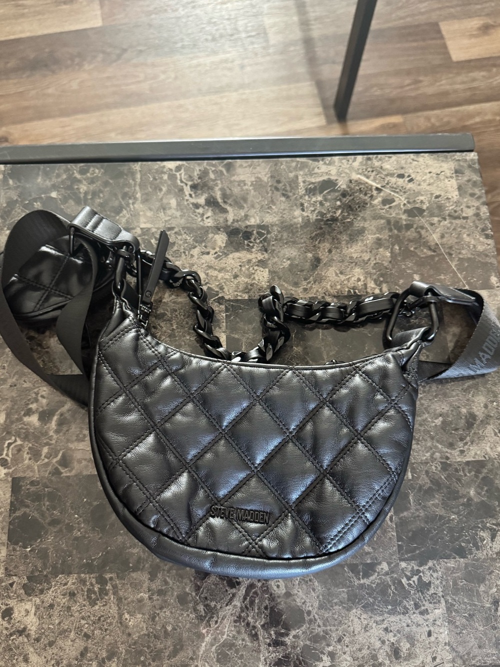 Steve Madden Black Quilted Chain-Trim Crossbody Bag